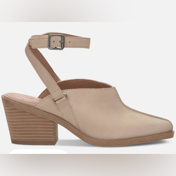 Lucky Brand Blue Beige Suede Ankle Strap Block Heels Size 6.5 - Picture 1 of 3